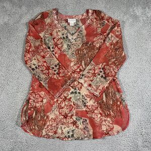 Raiment Fashions Polyester Silk Boho Red Top Blouse M Sheer Women Embroidered